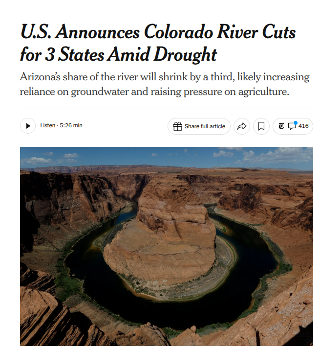 New York Times headline: "U.S. Announces Colorado River Cuts for 3 States Amid Drought"
