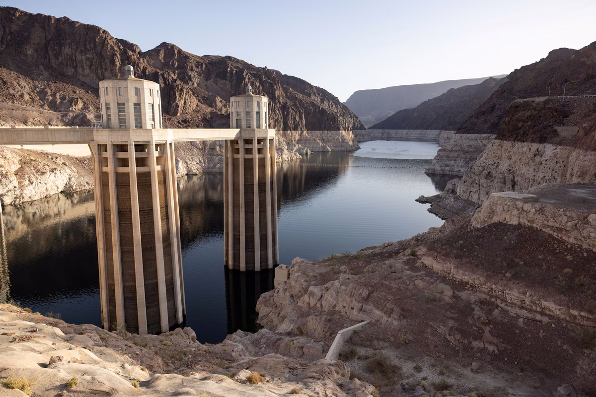 Penstocks at the Hoover Dam exposed. This photo is from 2022, and levels are lower today.
